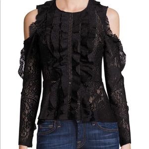 BCBGMAXAZRIA MADDY RUFFLE COLD SHOULDER LACE TOP